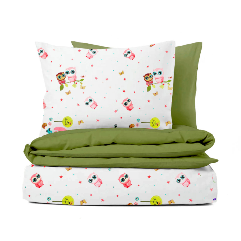 Ervi bavlněné povlečení oboustranné -  sovičky a sloni/zelené