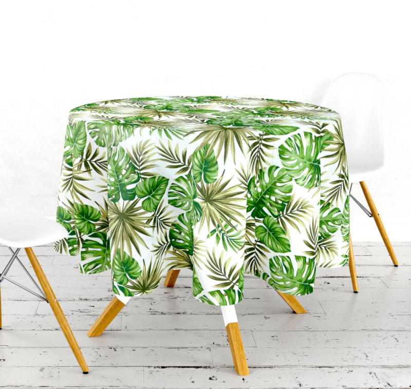 Ervi bavlněný ubrus na stůl kulatý - Monstera zelená