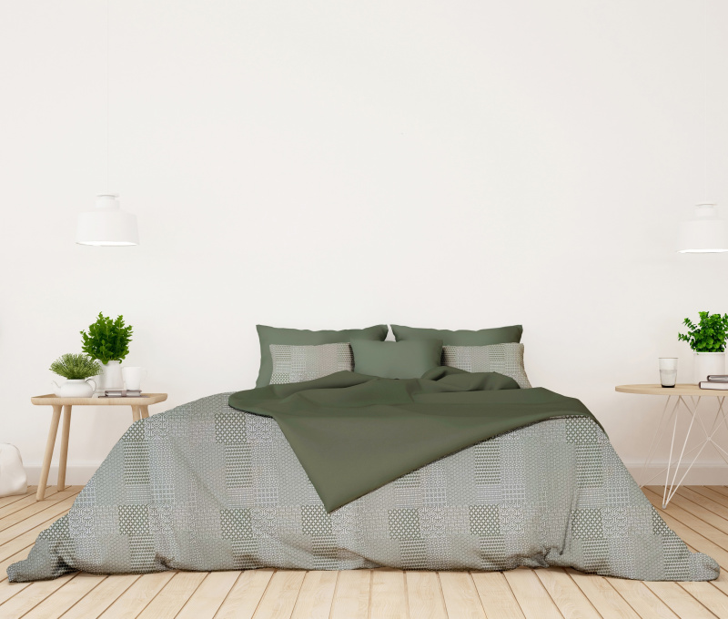 Ervi bavlněné KREPOVÉ povlečení DUO -  Geometrický vzor /olivové