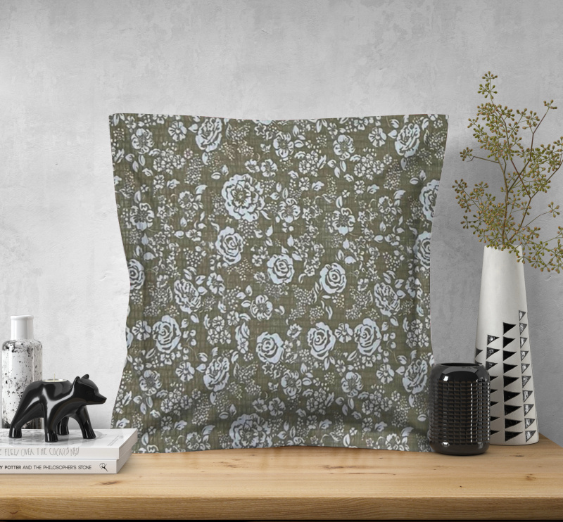 Ervi povlak na polštář KREPOVÝ bavlněný s lemem - Květy na hnědém