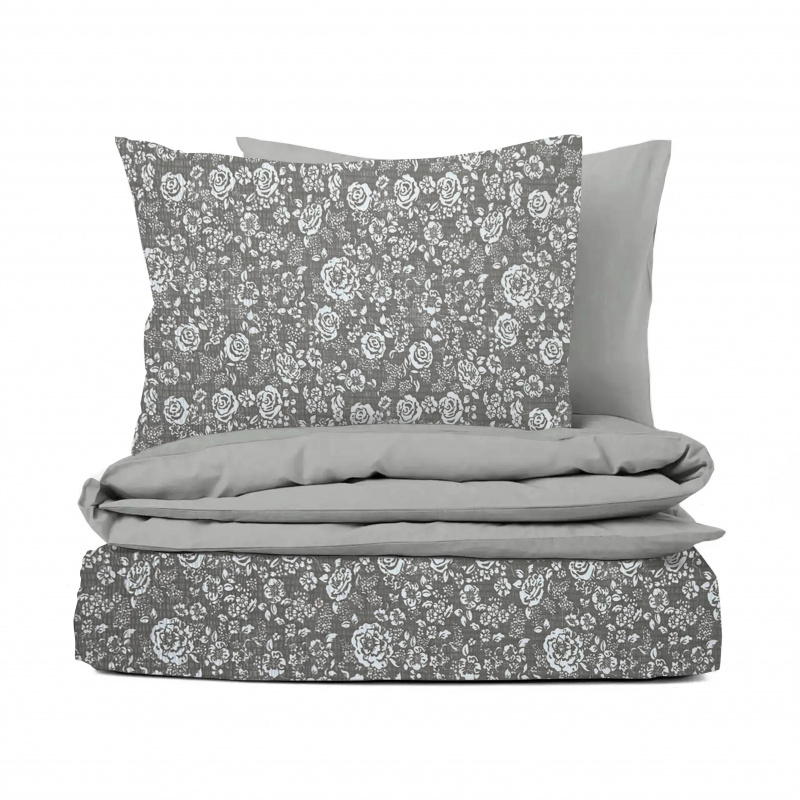 Ervi bavlněné KREPOVÉ povlečení DUO -  Květy na šedém/šedé