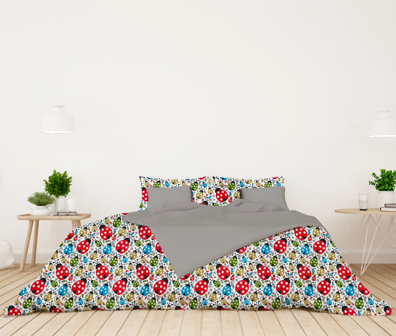 Ervi bavlněné povlečení oboustranné - barevné berušky/šedé