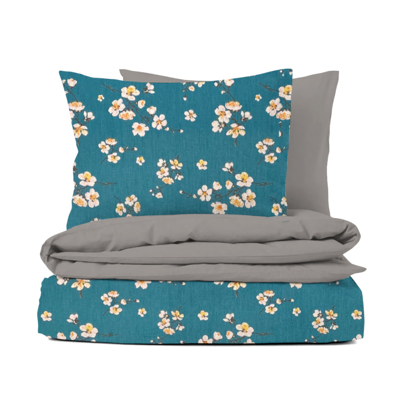 Ervi bavlněné povlečení oboustranné - Třešňový květ na tyrkysovým/šedé
