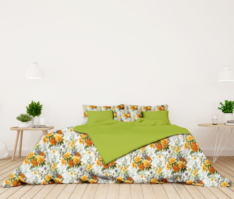 Ervi bavlněné povlečení oboustranné - žluté a šedé květy/světle zelený