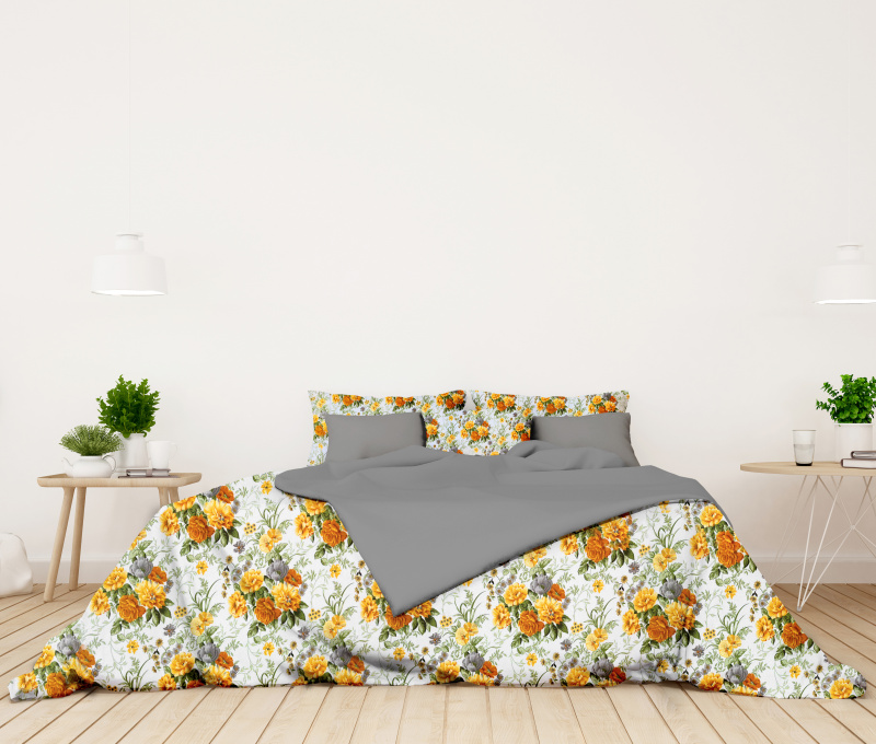 Ervi bavlněné povlečení oboustranné - žluté a šedé květy/šedý