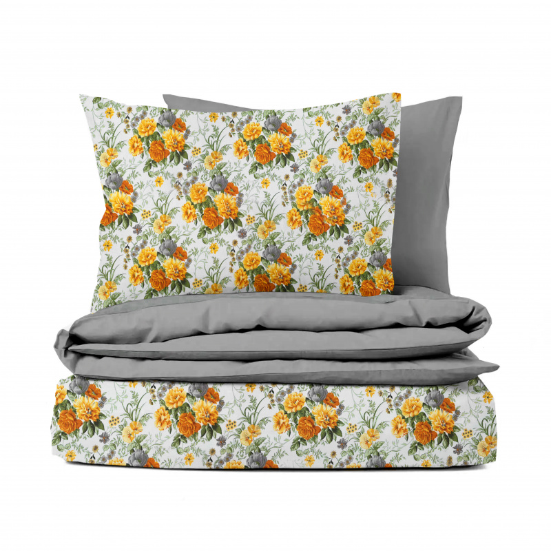 Ervi bavlněné povlečení oboustranné - žluté a šedé květy/šedý