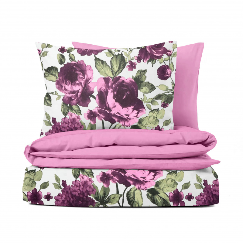 Ervi bavlněné povlečení oboustranné - fialové hortenzie a pivoňky/růžové