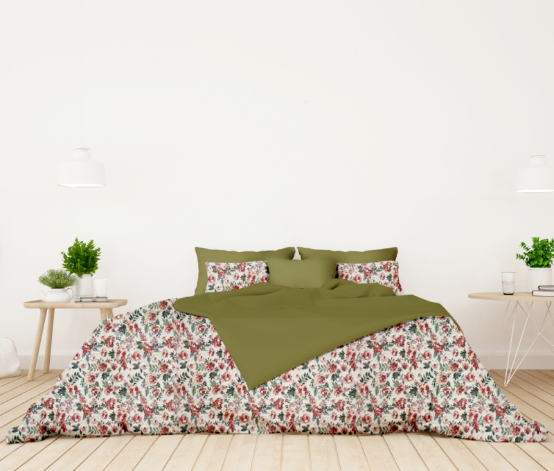 Ervi bavlněné povlečení oboustranné - Kvetoucí růže červené/olivové