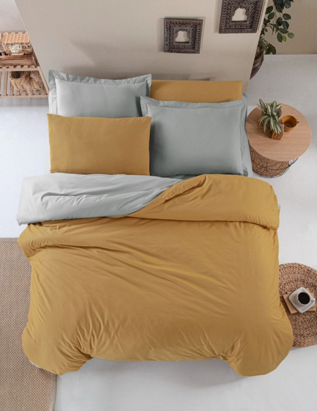 Bavlněné oboustranné povlečení Renforcé DUO - hořčicové/šedé