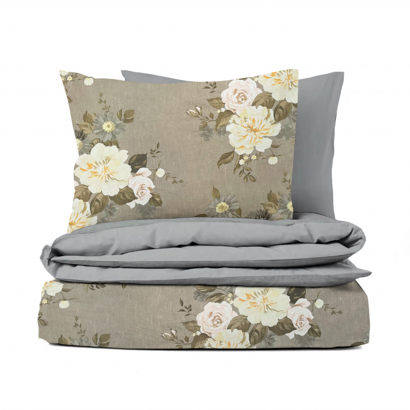 Ervi bavlněné povlečení oboustranné - růže a pivoňky/šedé