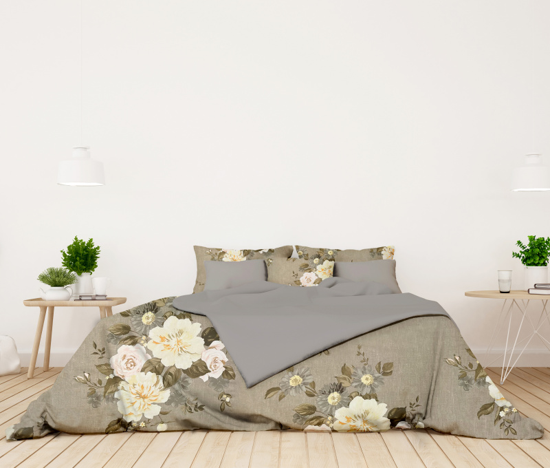 Ervi bavlněné povlečení oboustranné - růže a pivoňky/šedé