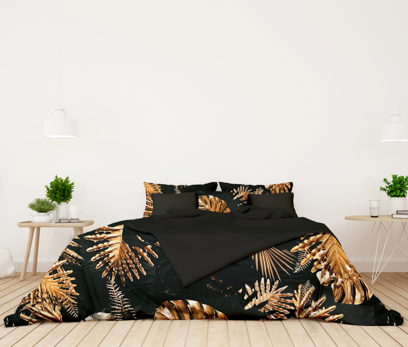 Ervi Bavlněné Saténové povlečení DELUXE DUO - Monstera na černém/černé