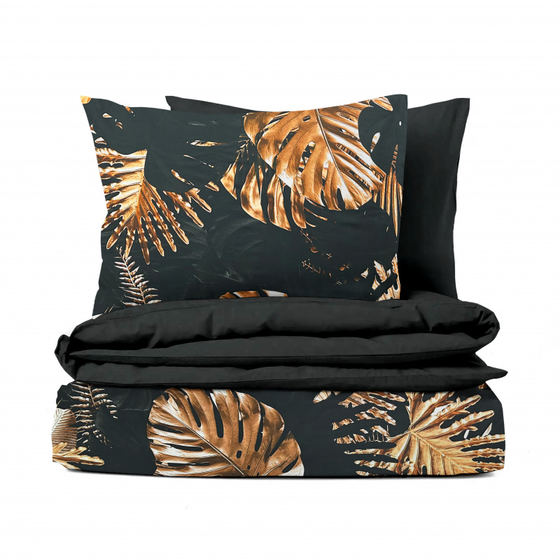 Ervi Bavlněné Saténové povlečení DELUXE DUO - Monstera na černém/černé