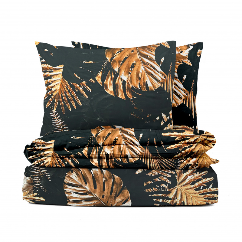 Ervi Bavlněné Saténové povlečení DELUXE - Monstera na černém