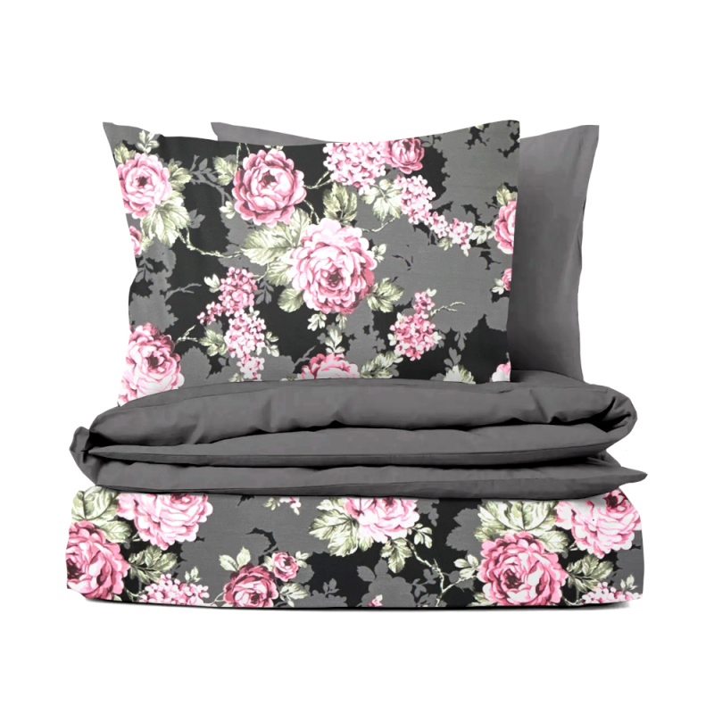 Ervi bavlněné povlečení oboustranné - Květy na černém/šedé