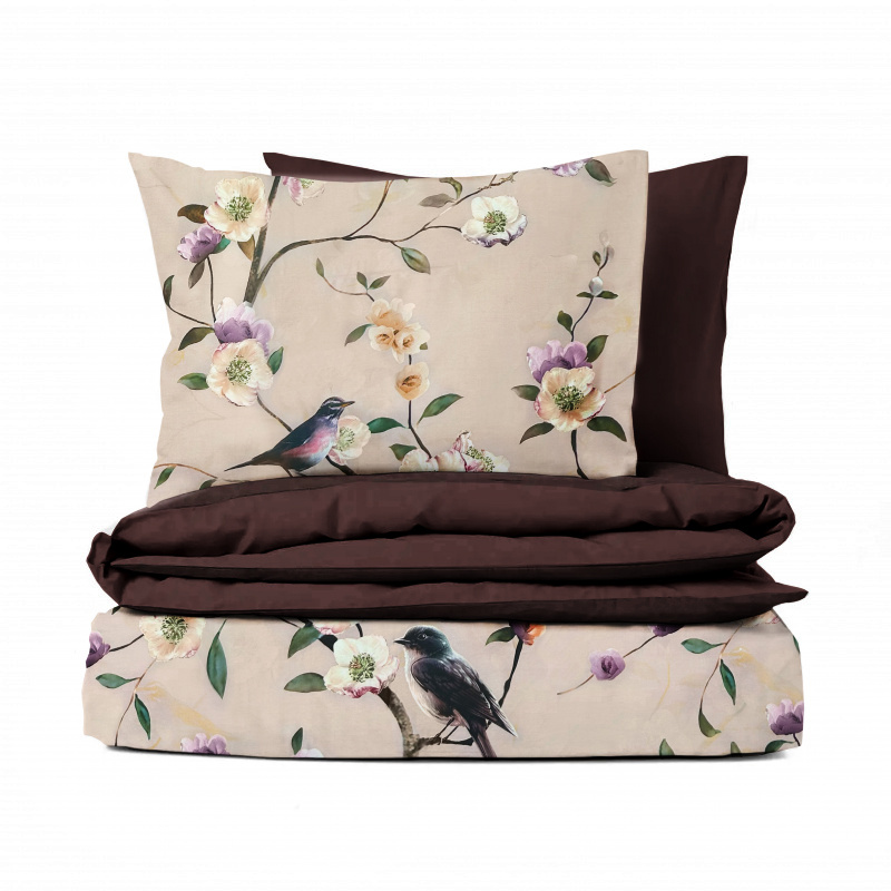 Ervi Bavlněné Saténové povlečení DELUXE DUO - Ptáček/hnědé