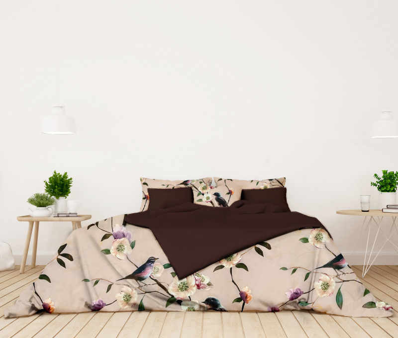 Ervi Bavlněné Saténové povlečení DELUXE DUO - Ptáček/hnědé