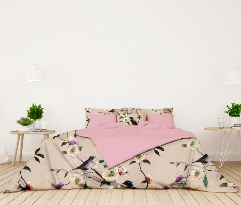 Ervi Bavlněné Saténové povlečení DELUXE DUO - Ptáček/růžové