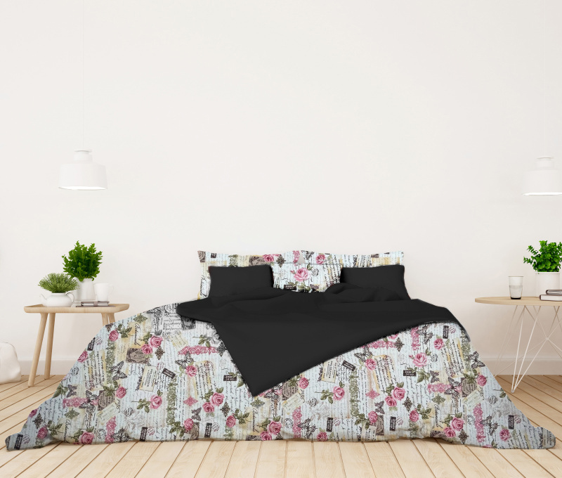 Ervi bavlněné povlečení oboustranné - Vintage vzor/černé