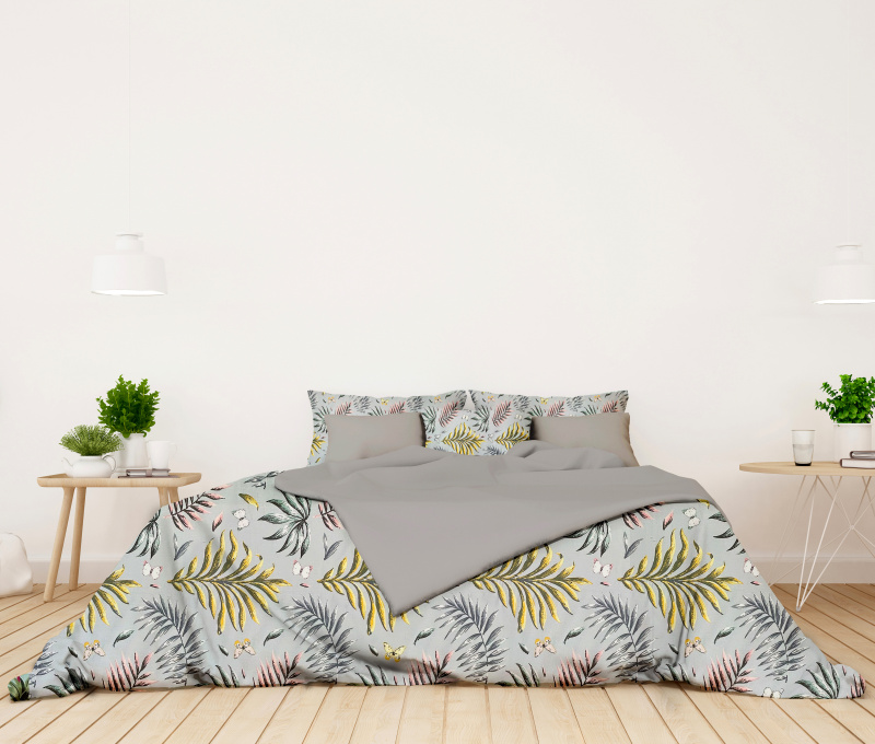 Ervi bavlněné povlečení oboustranné - Barevné tropické listy/šedé