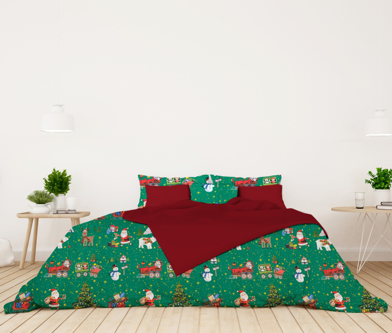 Ervi bavlněné povlečení oboustranné Vánoční vzor zelený/bordo