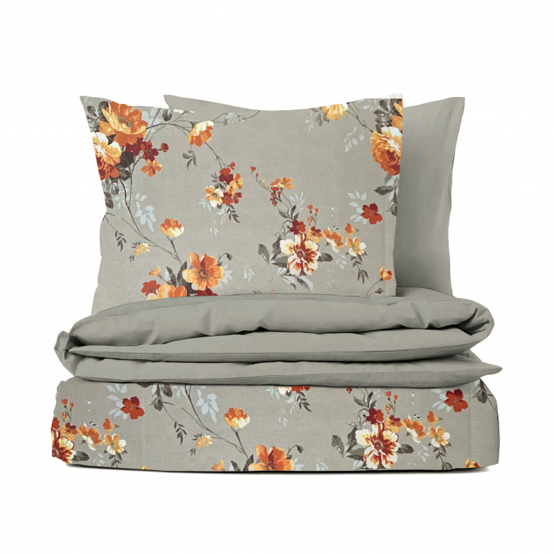Ervi bavlněné povlečení oboustranné - oranžové květy na béžovém/šedé