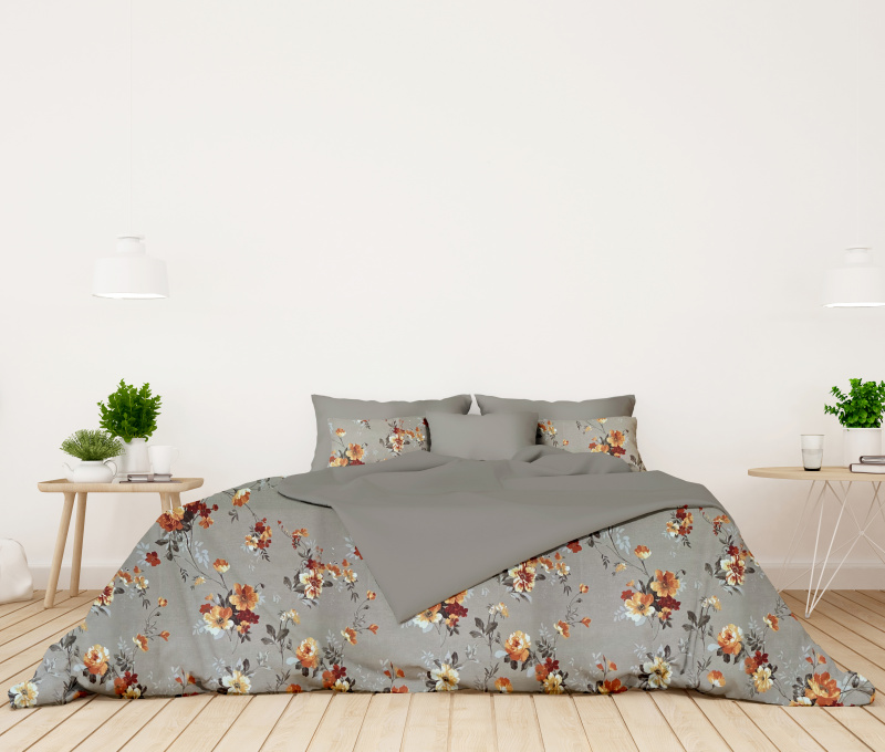 Ervi bavlněné povlečení oboustranné - oranžové květy na béžovém/šedé