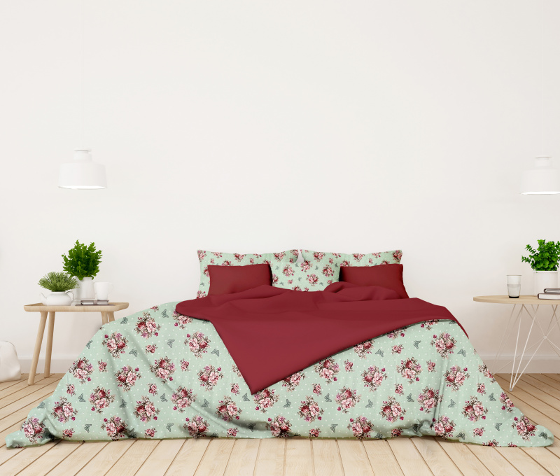 Ervi bavlněné povlečení oboustranné - růže a motýli /bordo