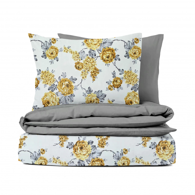 Ervi bavlněné povlečení oboustranné - žluté květy na bílém/šedé