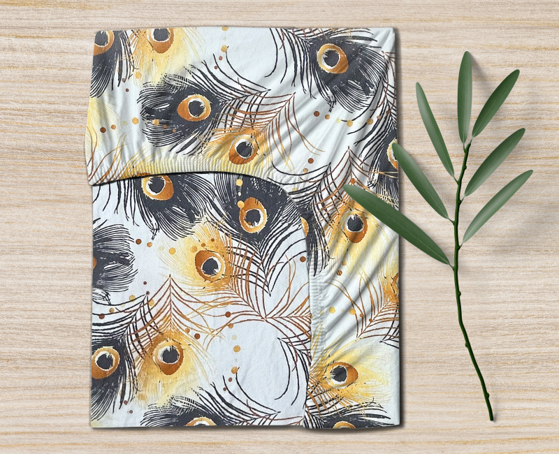 Ervi bavlněné napínací prostěradlo - žluté a šedé peří2