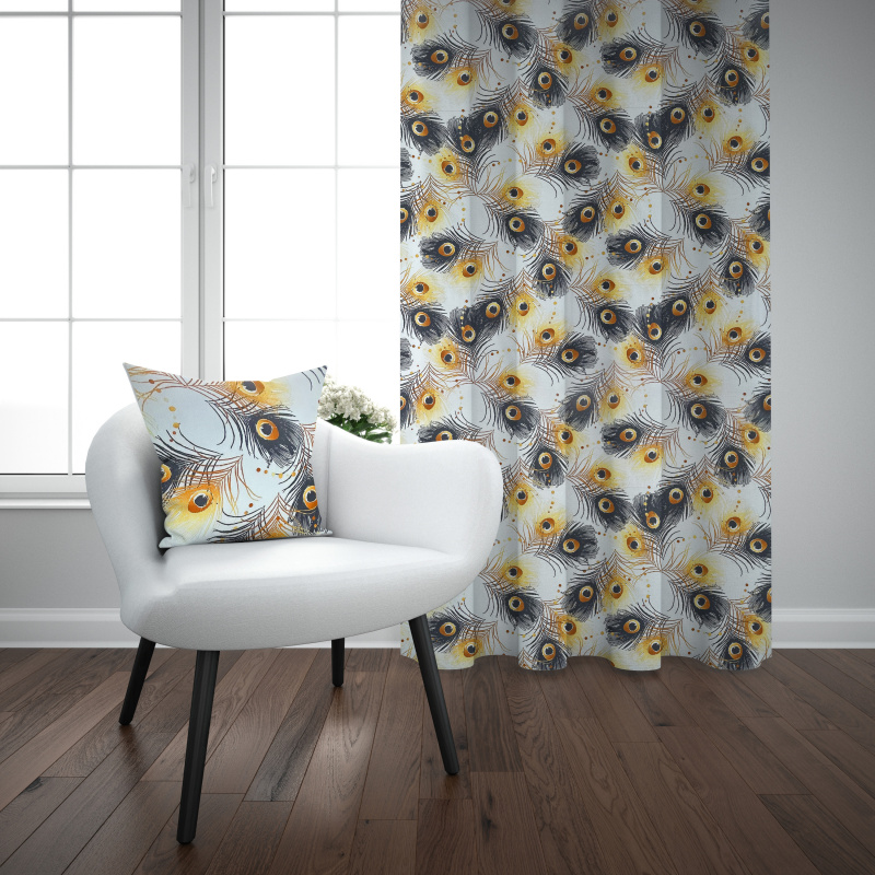 Ervi bavlněný závěs - žluté a šedé peří2