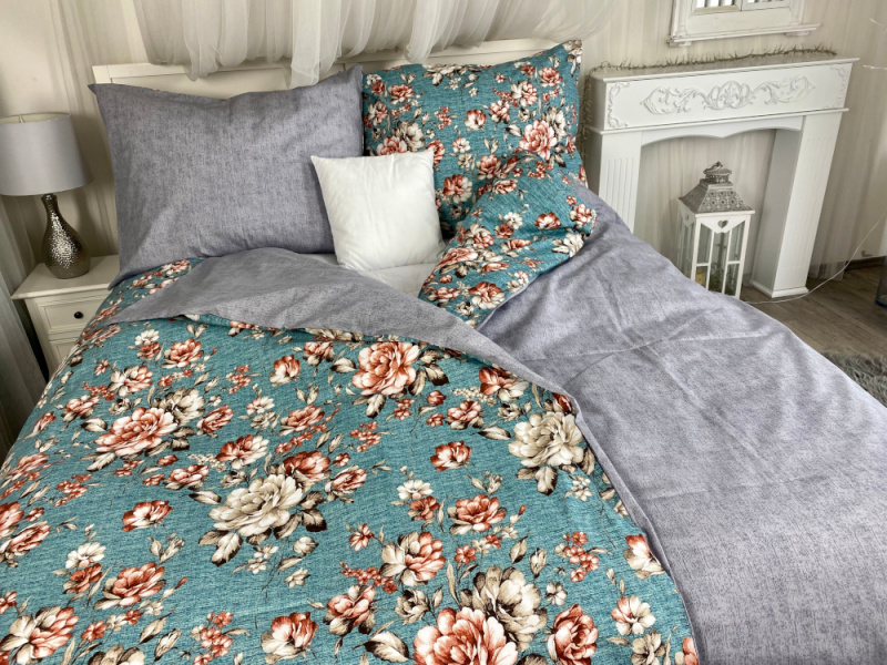 Ervi bavlněné povlečení oboustranné - kvety-na-tyrkysovém/šedé