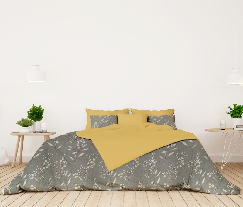 Ervi bavlněné povlečení oboustranné -  květinky na šedém/žluté