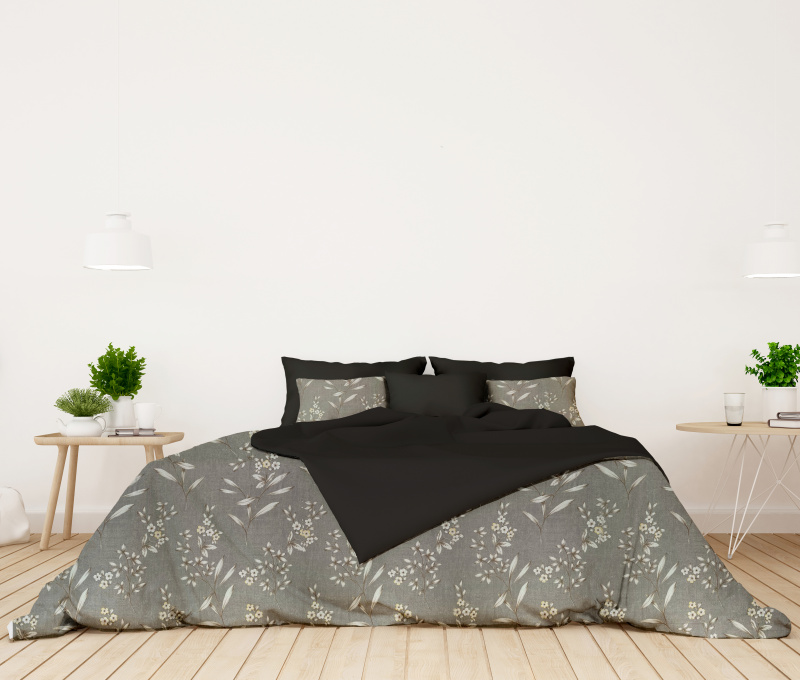 Ervi bavlněné povlečení oboustranné -  květinky na šedém/tmavě šedé