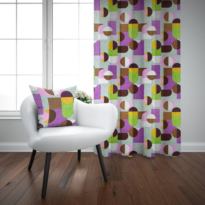 Ervi bavlněný závěs - Geometrický vzor fialové а zelené