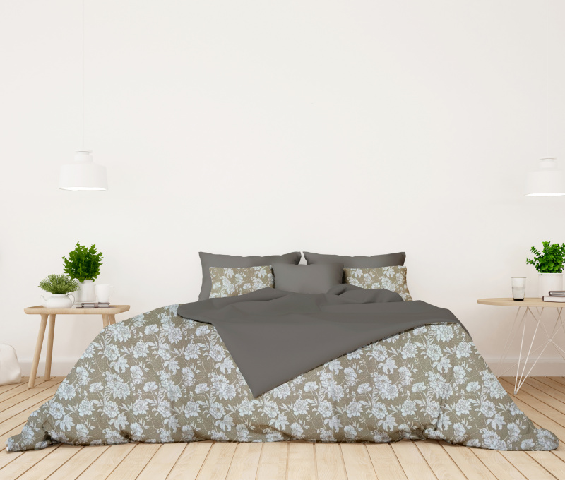 Ervi bavlněné povlečení oboustranné - bílé květy na hnědém/šedé
