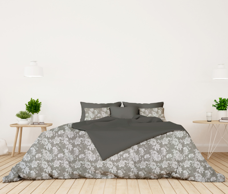 Ervi bavlněné povlečení oboustranné - bílé květy na šedém/šedé