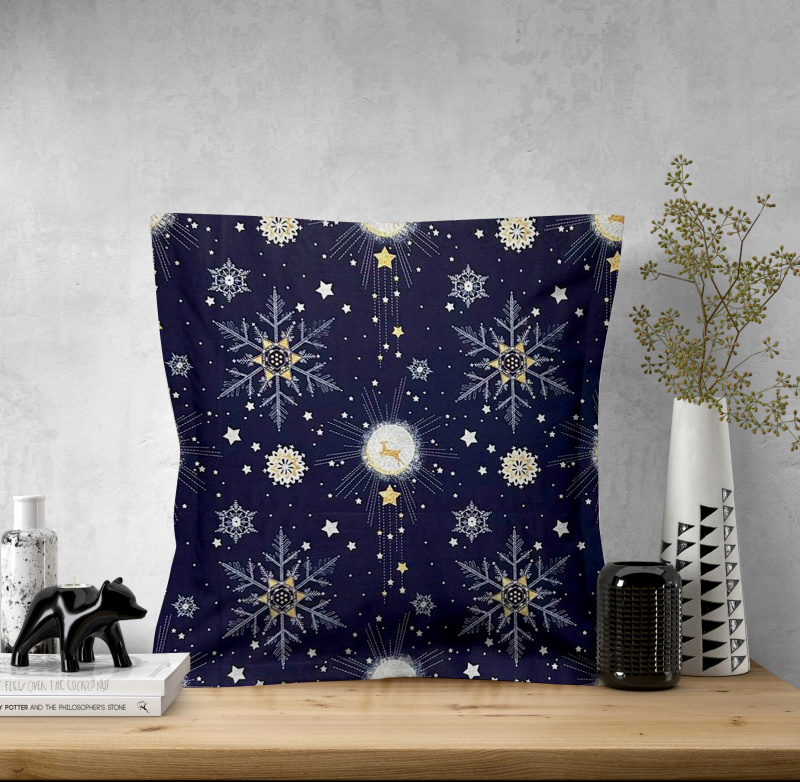 Ervi povlak na polštář bavlněný s lemem - Vánoční vzor modrý