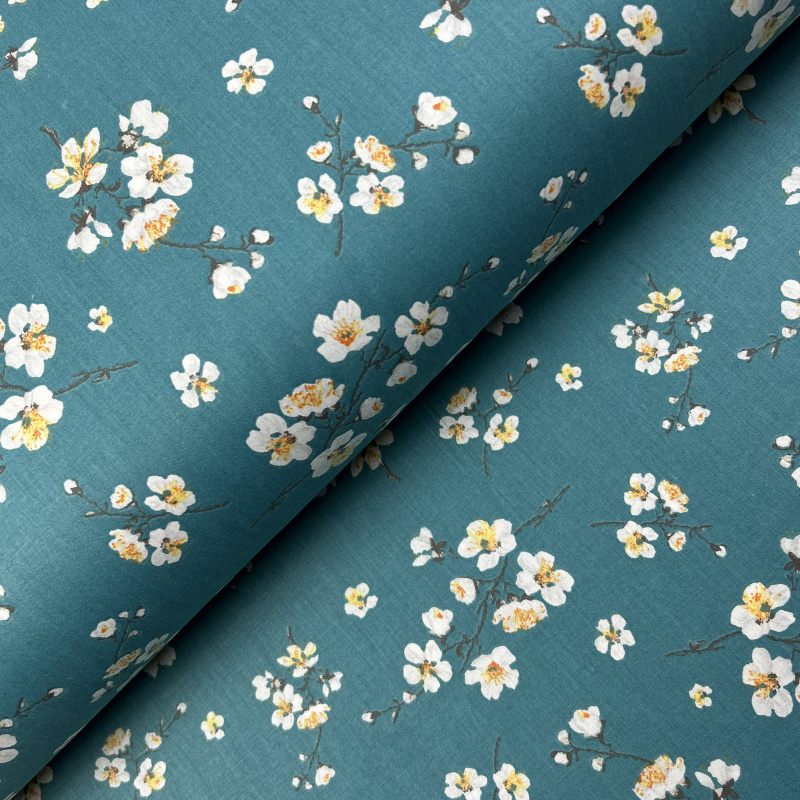 Ervi Bavlněná látka/plátno š.240cm - Třešňový květ na tyrkysovým č.25732-8, metráž