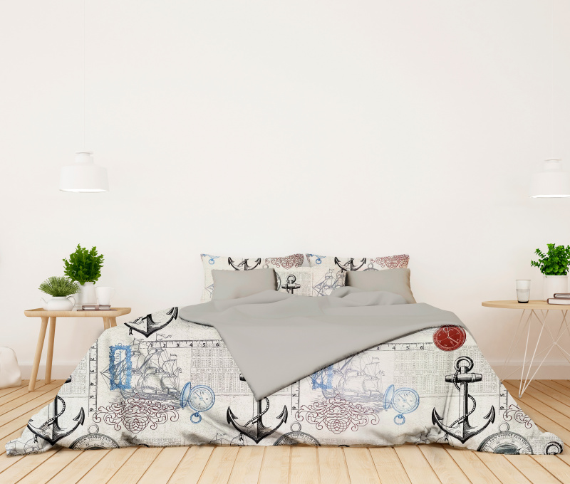 Ervi bavlněné povlečení oboustranné - mořský vzor/světle šedé