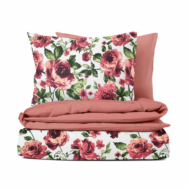Ervi bavlněné povlečení oboustranné - hortenzie a pivoňky/korálové