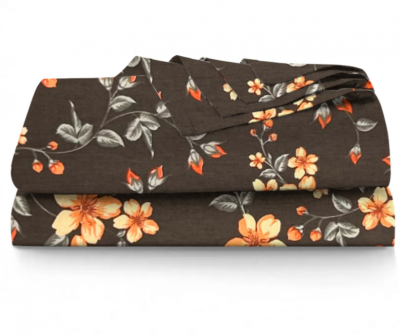Ervi bavlněné prostěradlo - oránžové květy na hnědém