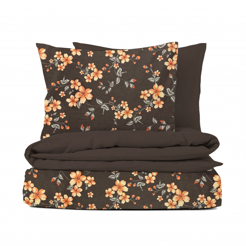 Ervi bavlněné povlečení oboustranné - oránžové květy na hnědém/hnědé