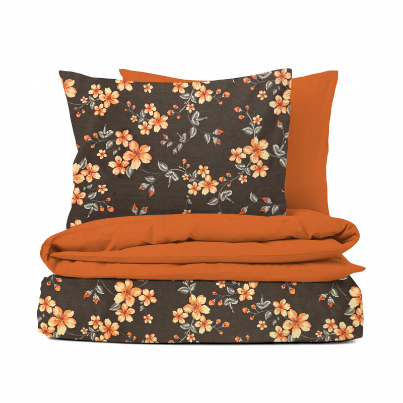 Ervi bavlněné povlečení oboustranné - oránžové květy na hnědém/oránžové