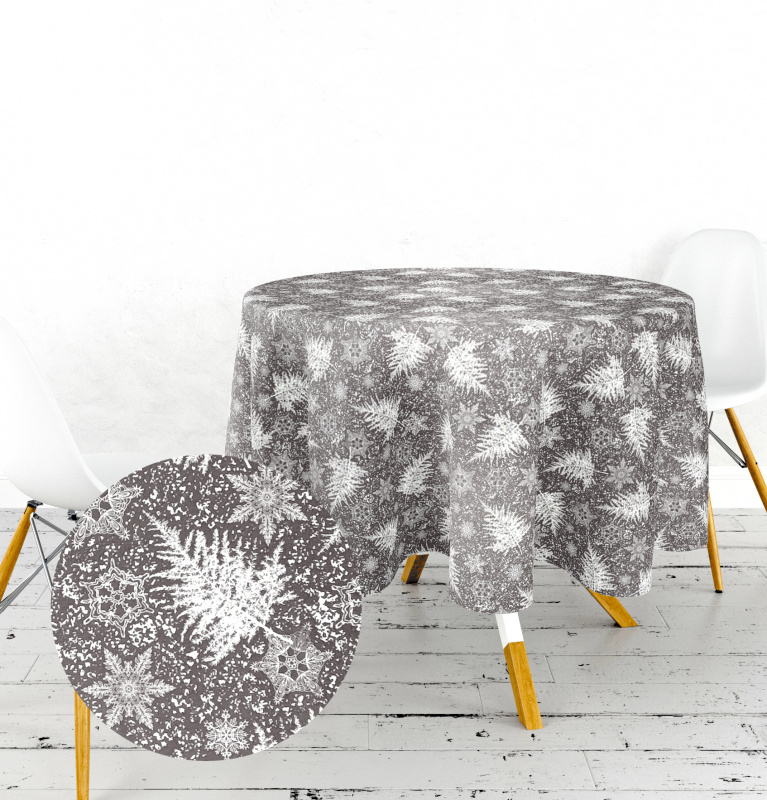 Ervi bavlněný ubrus na stůl kulatý - námraza na listech na šedém