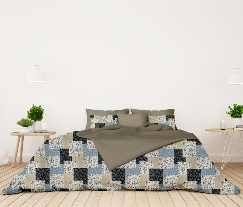 Ervi flanelové povlečení oboustranné - Patchwork modrý/šedé