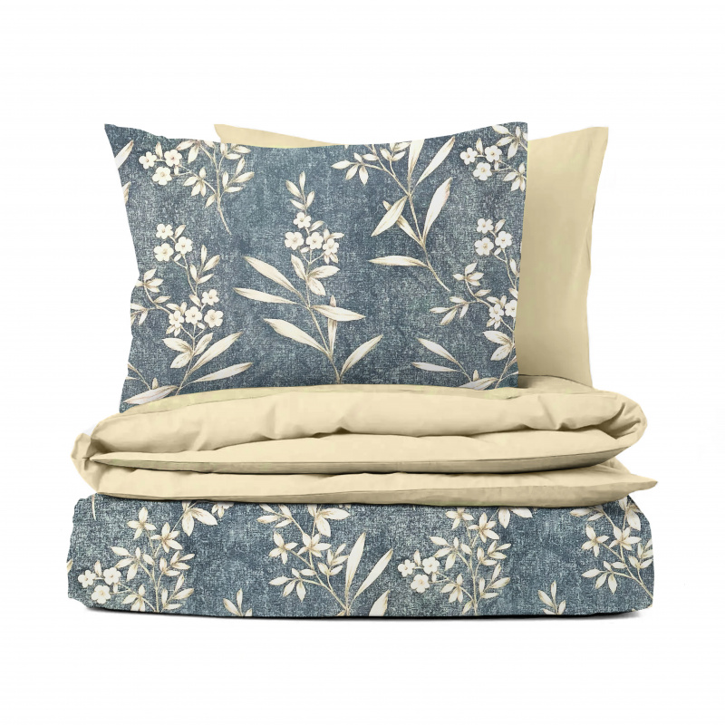 Ervi bavlněné povlečení oboustranné - bílé květinky na modrém/bežové