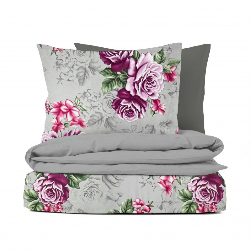 Ervi Bavlněné Saténové povlečení DELUXE DUO - Růže fialové/šedé