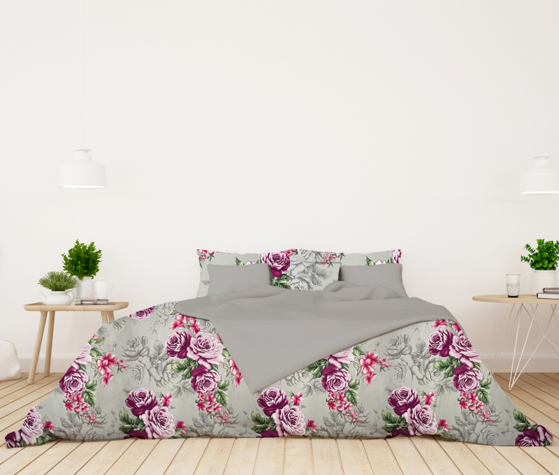 Ervi Bavlněné Saténové povlečení DELUXE DUO - Růže fialové/šedé