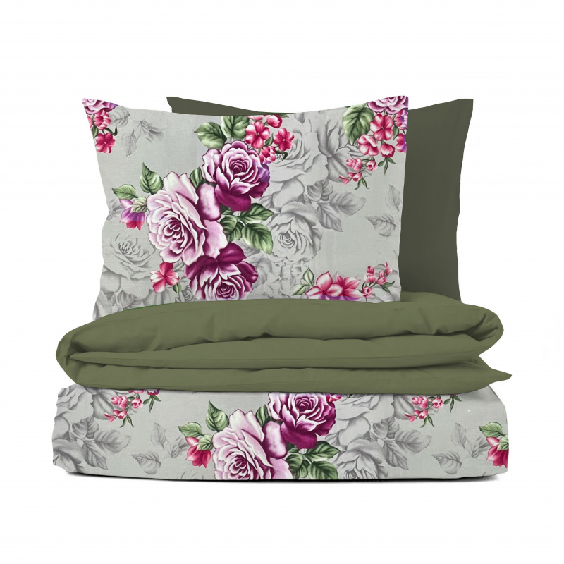 Ervi Bavlněné Saténové povlečení DELUXE DUO - Růže fialové/olivové